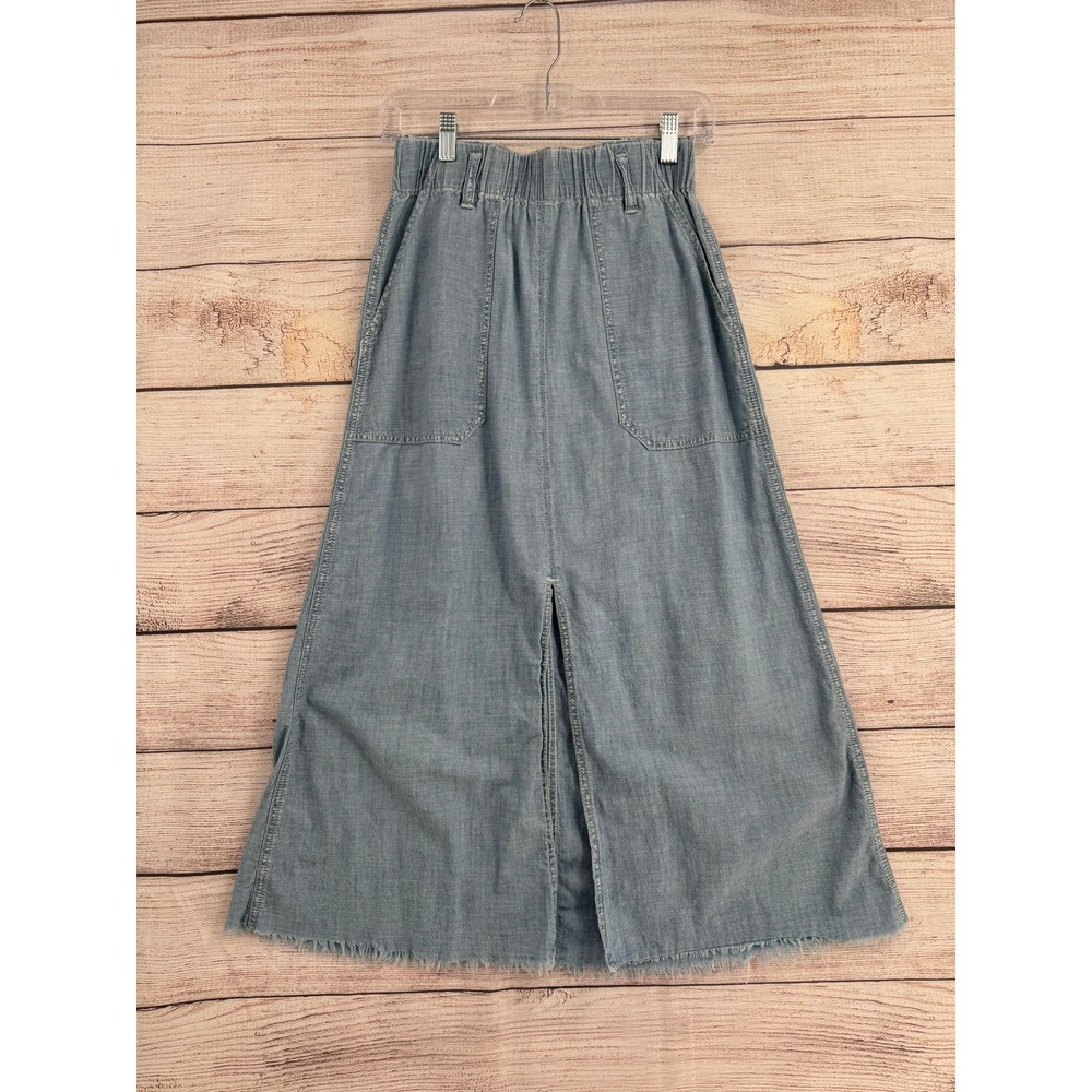 We The Free Maxi Skirt Women 28 Blue Denim Elastic Waist Frayed Hem Slit